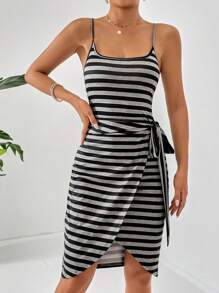 SHEIN Privé Striped Print Knot Side Wrap Hem Cami Dress - Black and White - View 6
