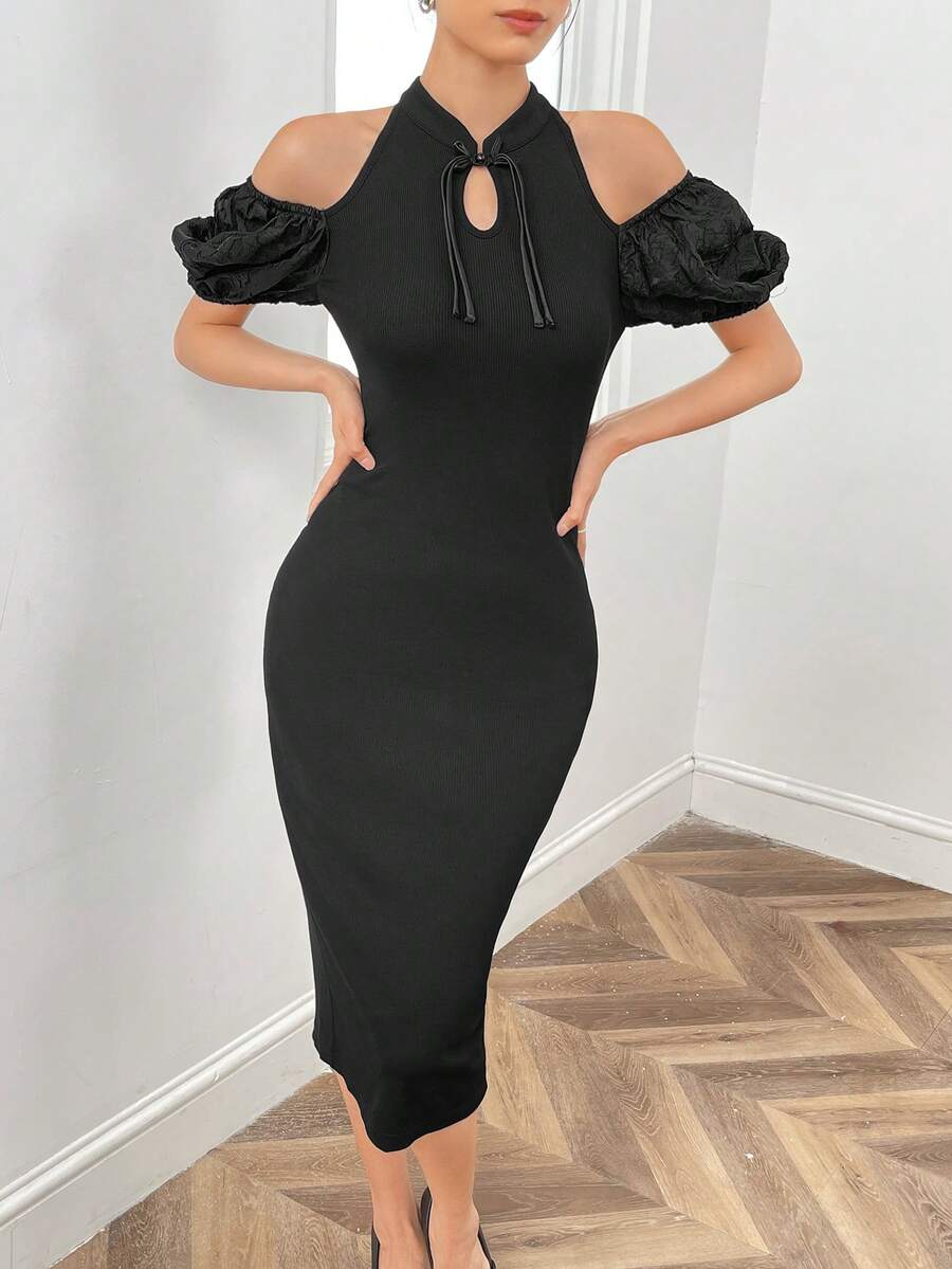 EastFlair 挖肩泡泡袖緊身洋裝 - 黑色 - 查看 1