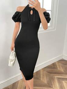 EastFlair 挖肩泡泡袖緊身洋裝 - 黑色 - 查看 3