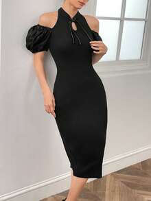 EastFlair 挖肩泡泡袖緊身洋裝 - 黑色 - 查看 6