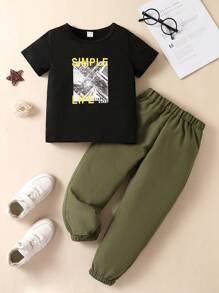 SHEIN Young Boy Letter Graphic Tee & Trousers - Multicolor - View 1