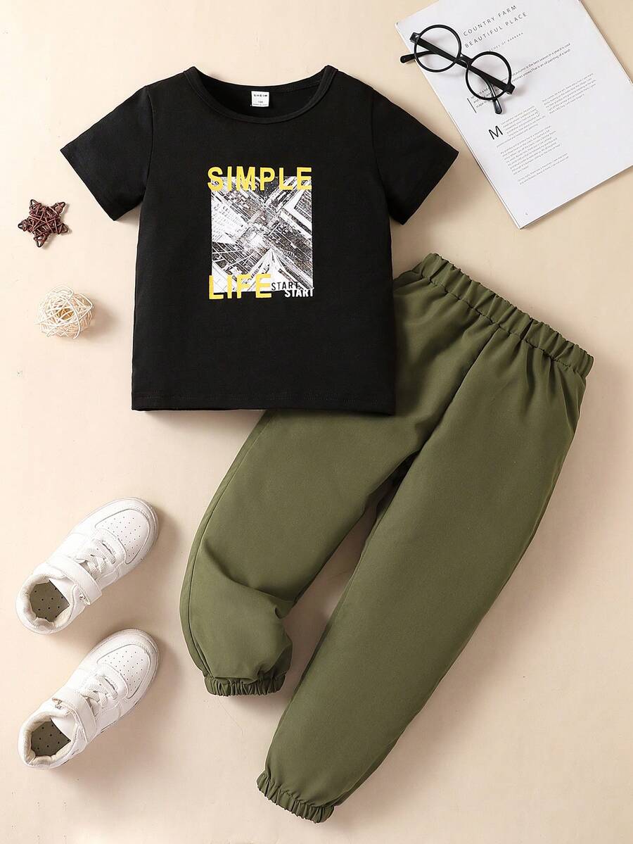 SHEIN Young Boy Letter Graphic Tee & Trousers - Multicolor - View 1