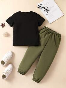 SHEIN Young Boy Letter Graphic Tee & Trousers - Multicolor - View 2