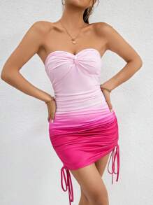 SHEIN Privé Bóng Mặt trước xoắn Bên dây rút Đầm bó sát ống - Màu Hồng Tươi - Xem 3
