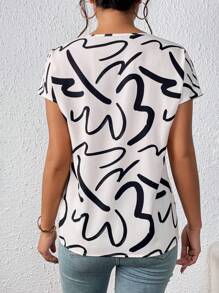 SHEIN Privé Áo sơ mi tay cánh dơi in họa tiết toàn bộ, áo tay ngắn - Đen và trắng - Xem 2