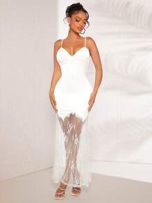 SHEIN SXY Ren tương phản Váy Dây - trắng - Xem 1
