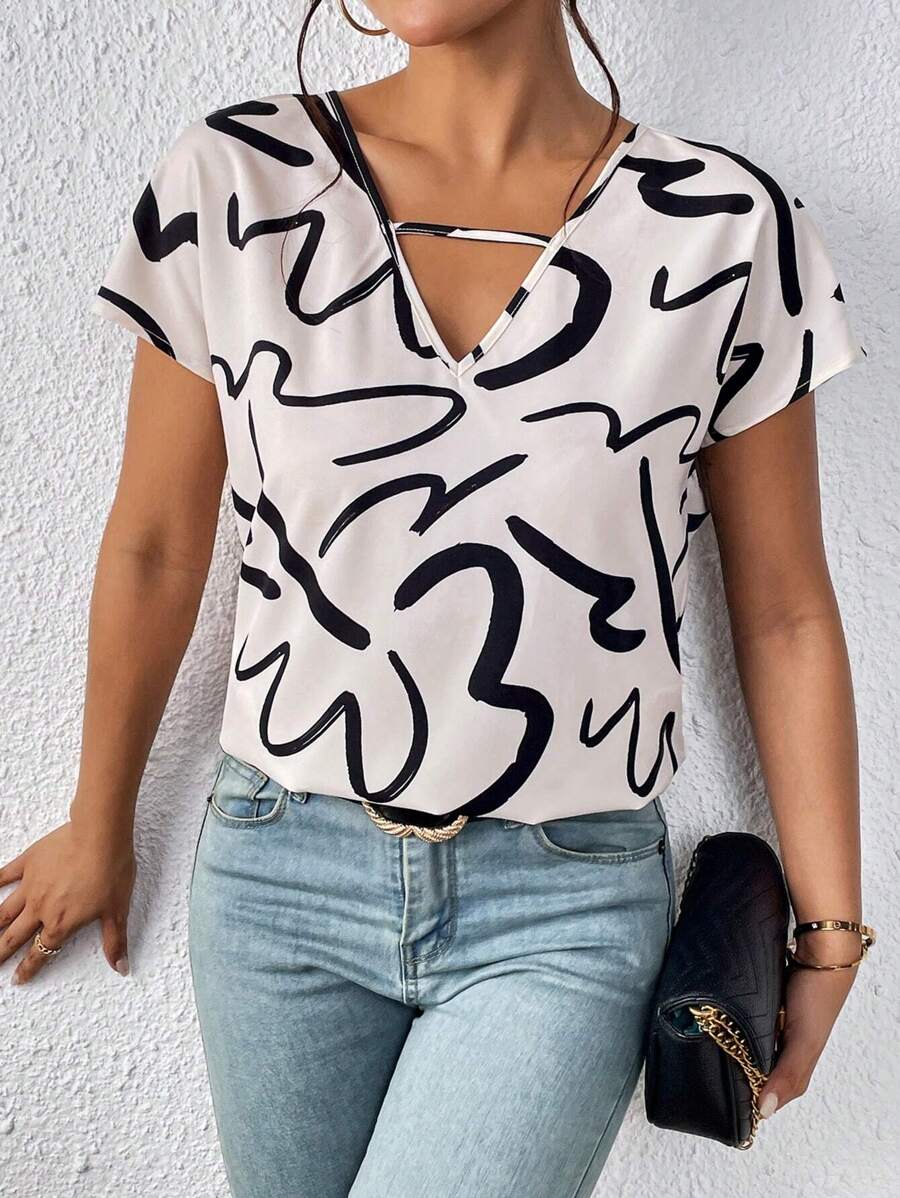 SHEIN Privé Áo sơ mi tay cánh dơi in họa tiết toàn bộ, áo tay ngắn - Đen và trắng - Xem 1