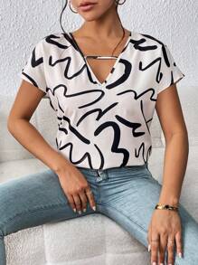 SHEIN Privé Áo sơ mi tay cánh dơi in họa tiết toàn bộ, áo tay ngắn - Đen và trắng - Xem 6