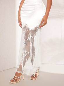 SHEIN SXY Ren tương phản Váy Dây - trắng - Xem 7