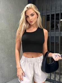 SHEIN EZwear Chất rắn Cổ không đối xứng Top Cây trồng - màu đen - Xem 6