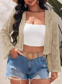 SHEIN VCAY Plus 1pc Pointelle Knit Open Front Crop Cardigan - Khaki - View 1