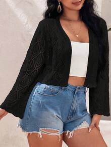 SHEIN VCAY 大碼網眼針織開門襟短款開衫 - 黑色 - 查看 3