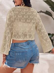 SHEIN VCAY Plus 1pc Pointelle Knit Open Front Crop Cardigan - Khaki - View 2