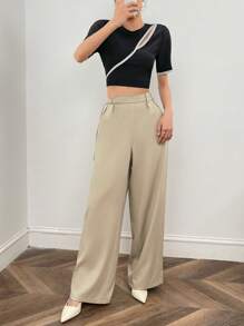 EastFlair Solid Wide Leg Pants - Khaki - View 1