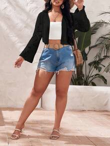 SHEIN VCAY 大碼網眼針織開門襟短款開衫 - 黑色 - 查看 4