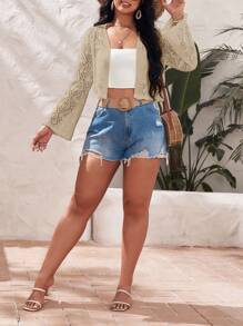 SHEIN VCAY Plus 1pc Pointelle Knit Open Front Crop Cardigan - Khaki - View 5