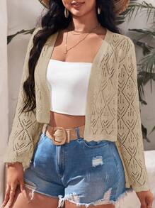 SHEIN VCAY Plus 1pc Pointelle Knit Open Front Crop Cardigan - Khaki - View 3