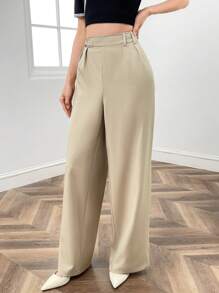 EastFlair Solid Wide Leg Pants - Khaki - View 6