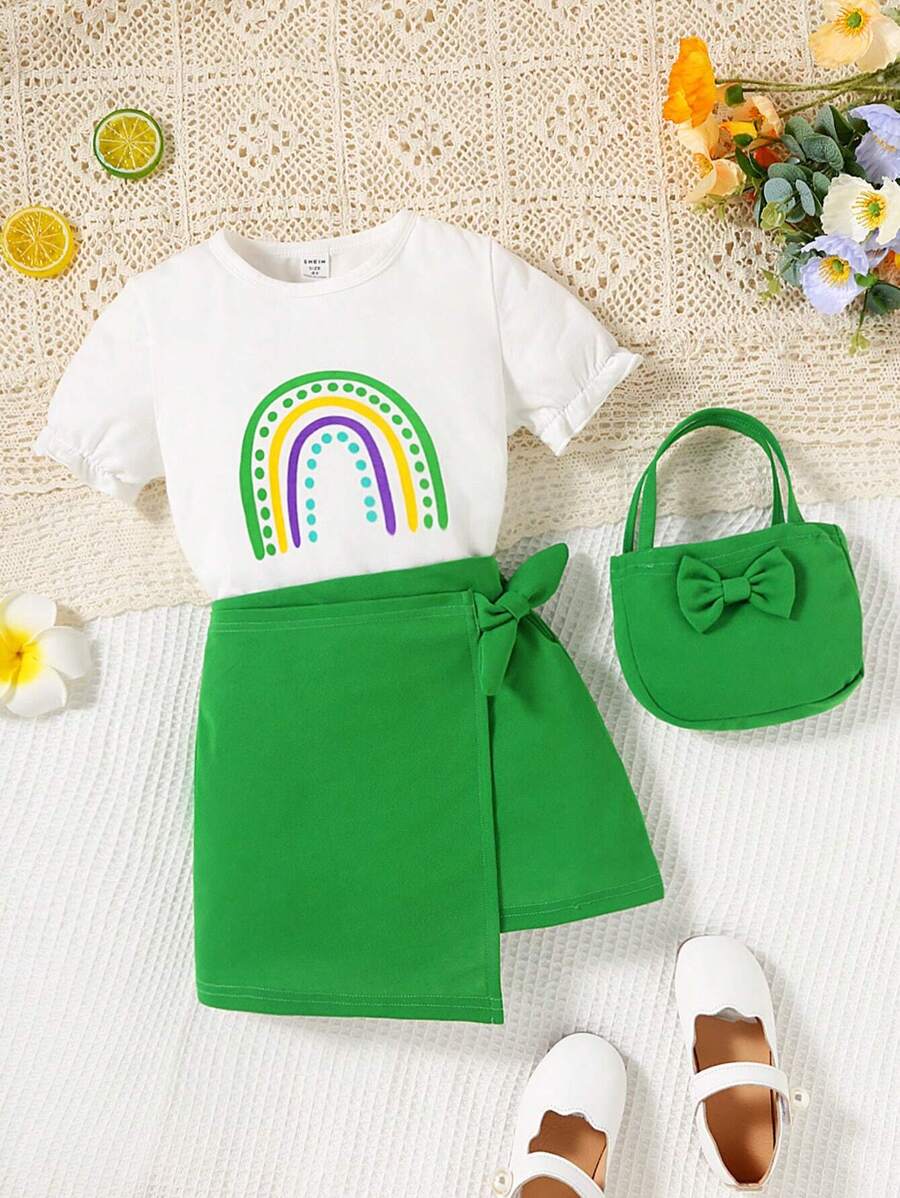 SHEIN Young Girl Rainbow Print Tee & Bow Front Asymmetrical Hem Skirt & Bag Set