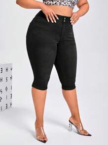 SHEIN SXY 大碼高腰緊身七分牛仔褲 - 黑色 - 查看 1