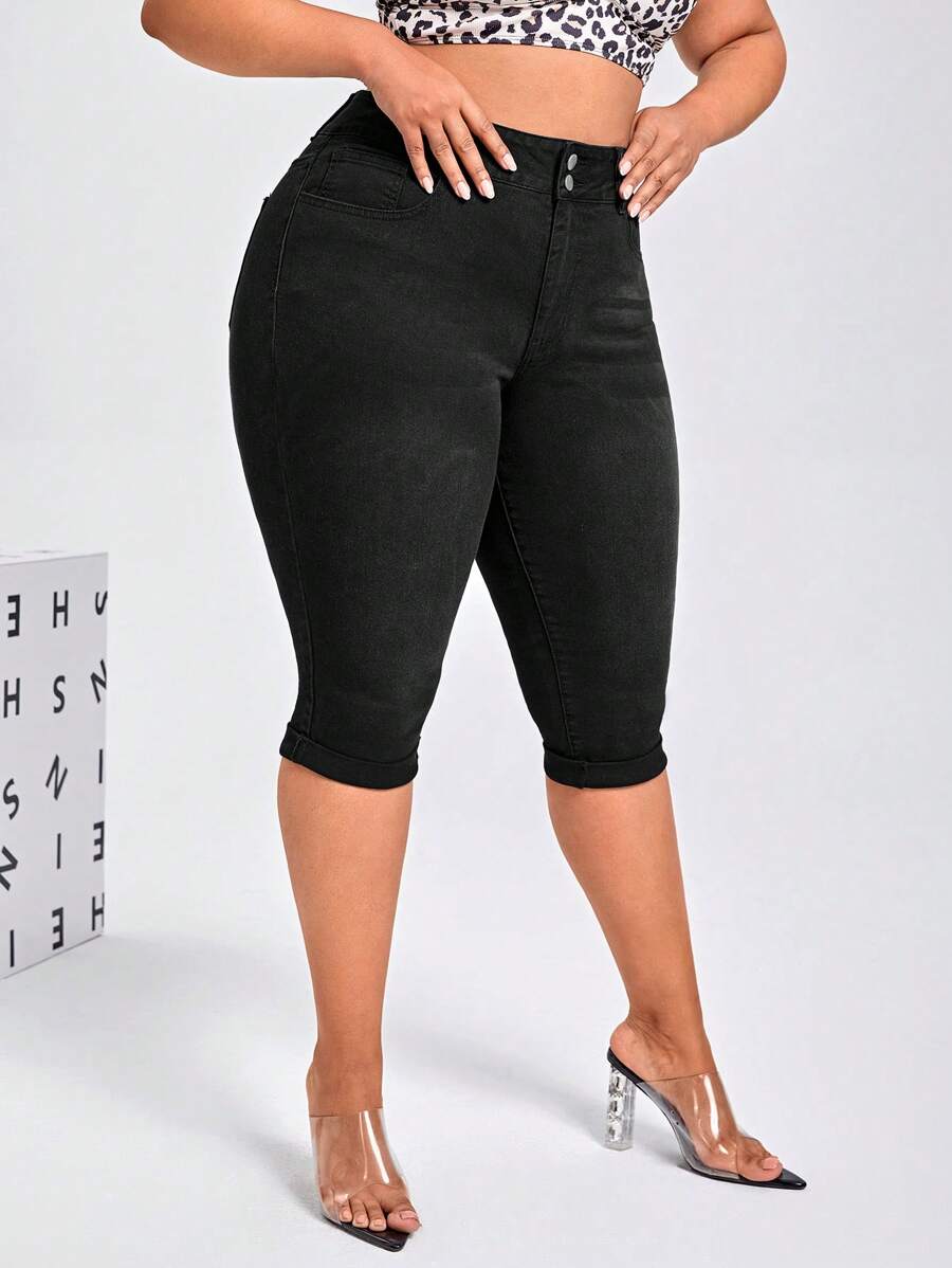 SHEIN SXY 大碼高腰緊身七分牛仔褲 - 黑色 - 查看 1