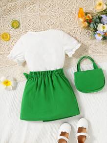 SHEIN Young Girl Rainbow Print Tee & Bow Front Asymmetrical Hem Skirt & Bag Set