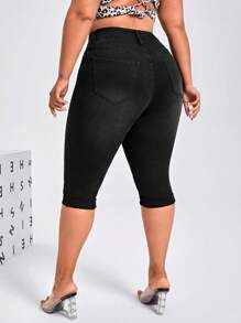 SHEIN SXY 大碼高腰緊身七分牛仔褲 - 黑色 - 查看 2