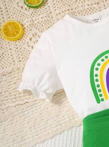 SHEIN Young Girl Rainbow Print Tee & Bow Front Asymmetrical Hem Skirt & Bag Set