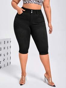 SHEIN SXY 大碼高腰緊身七分牛仔褲 - 黑色 - 查看 3