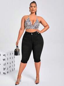 SHEIN SXY 大碼高腰緊身七分牛仔褲 - 黑色 - 查看 5