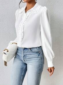 SHEIN Privé 白色荷叶边泡泡袖女式衬衫、长袖上衣 - 白色 - 查看 6