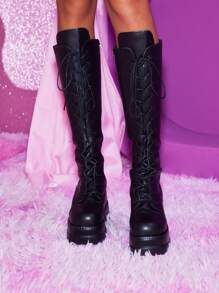 ROMWE Goth NỮ Chất rắn Mặt trước thắt dây Nêm giầy ủng , Punk Ngoài trời Giày ống - màu đen - Xem 3