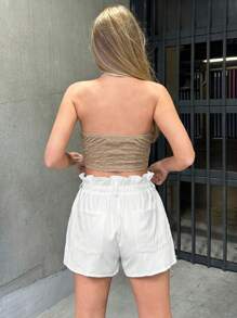 SHEIN EZwear 素色繞頸短上衣 - 卡其色 - 查看 2