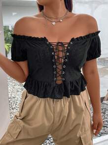 SHEIN ICON Plus Lace Up Front Ruffle Hem Top - Black - View 1