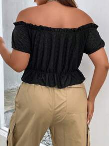 SHEIN ICON Plus Lace Up Front Ruffle Hem Top - Black - View 2
