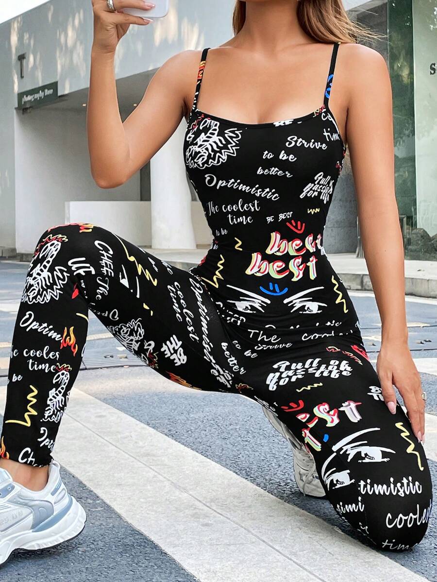 SHEIN Essnce Graffiti Letter Print Camisole Jumpsuit - Multicolor - View 1