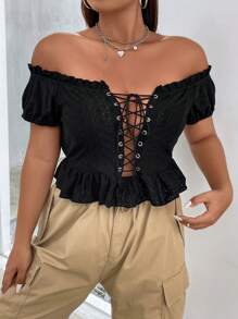 SHEIN ICON Plus Lace Up Front Ruffle Hem Top - Black - View 3