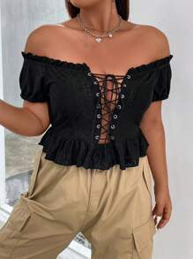 SHEIN ICON Plus Lace Up Front Ruffle Hem Top - Black - View 4