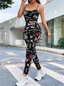 SHEIN Essnce Graffiti Letter Print Camisole Jumpsuit - Multicolor - View 3