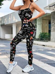 SHEIN Essnce Graffiti Letter Print Camisole Jumpsuit - Multicolor - View 4
