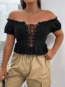 SHEIN ICON Plus Lace Up Front Ruffle Hem Top - Black - View 6