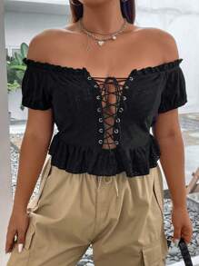 SHEIN ICON Plus Lace Up Front Ruffle Hem Top - Black - View 7