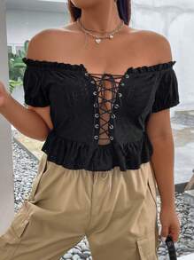 SHEIN ICON Plus Lace Up Front Ruffle Hem Top - Black - View 8