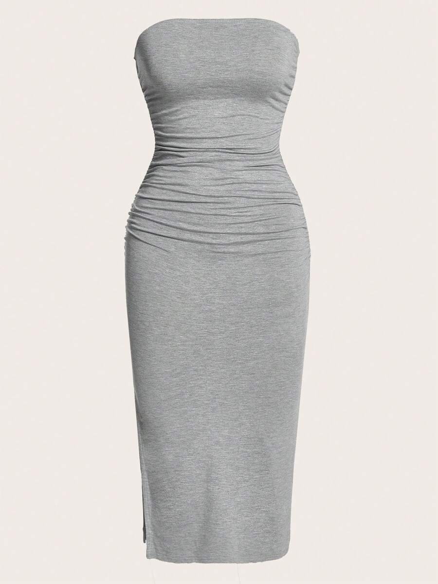 SHEIN MOD Solid Ruched Split Thigh Tube Dress