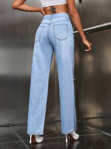 SHEIN ICON 破洞直筒牛仔褲 - 淺色水洗藍 - 查看 2