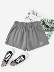 Muchica Letter Patched Elastic Waist Shorts - Grey - View 1