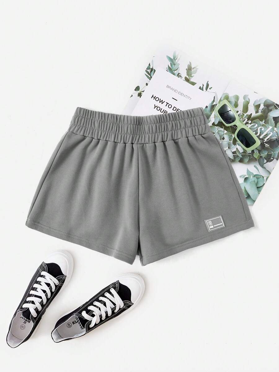 Muchica Letter Patched Elastic Waist Shorts - Grey - View 1
