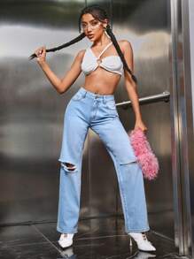 SHEIN ICON 破洞直筒牛仔褲 - 淺色水洗藍 - 查看 3