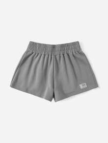 Muchica Letter Patched Elastic Waist Shorts - Grey - View 3