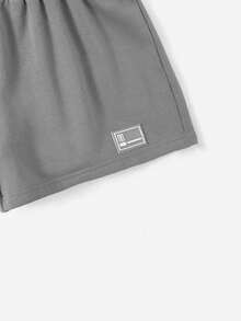 Muchica Letter Patched Elastic Waist Shorts - Grey - View 5